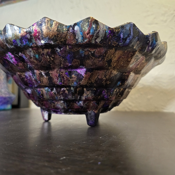 HANDCRAFTED Upcycled Glass Abstract Dish HANDPAINTED Tabletop Art Decor Bowl - Picture 5 of 17
